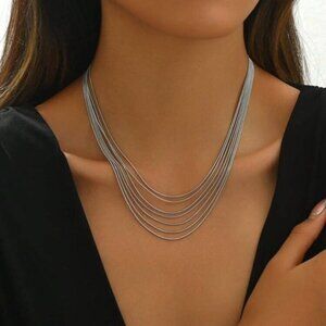 Silver Plated Stainless Steel 1pc Multi-Layer Snake Chain Necklace